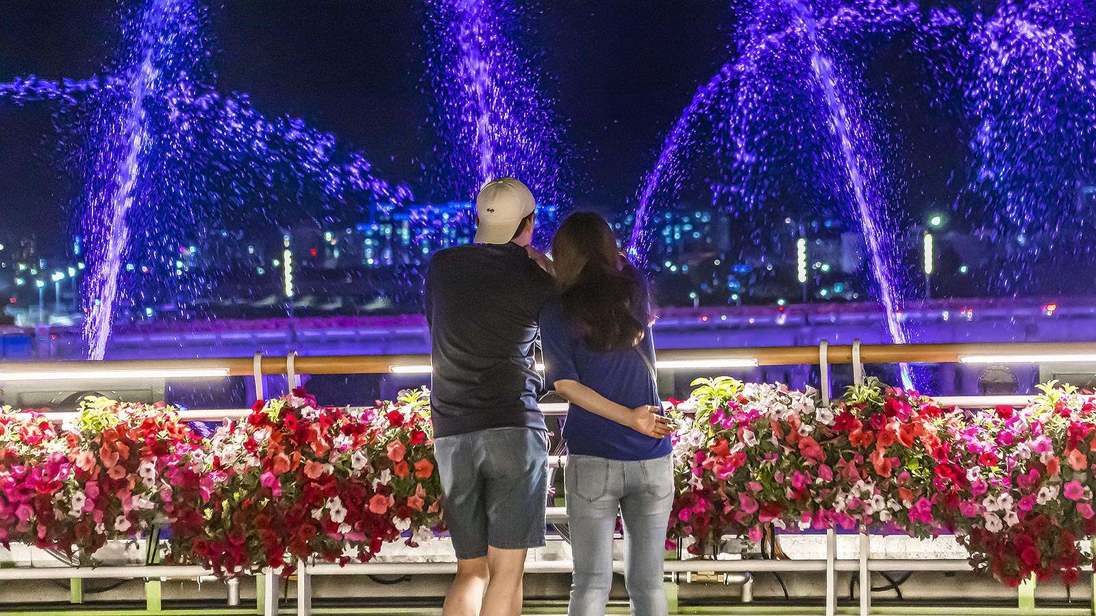 月华街公园夜间喷泉表演欣赏者