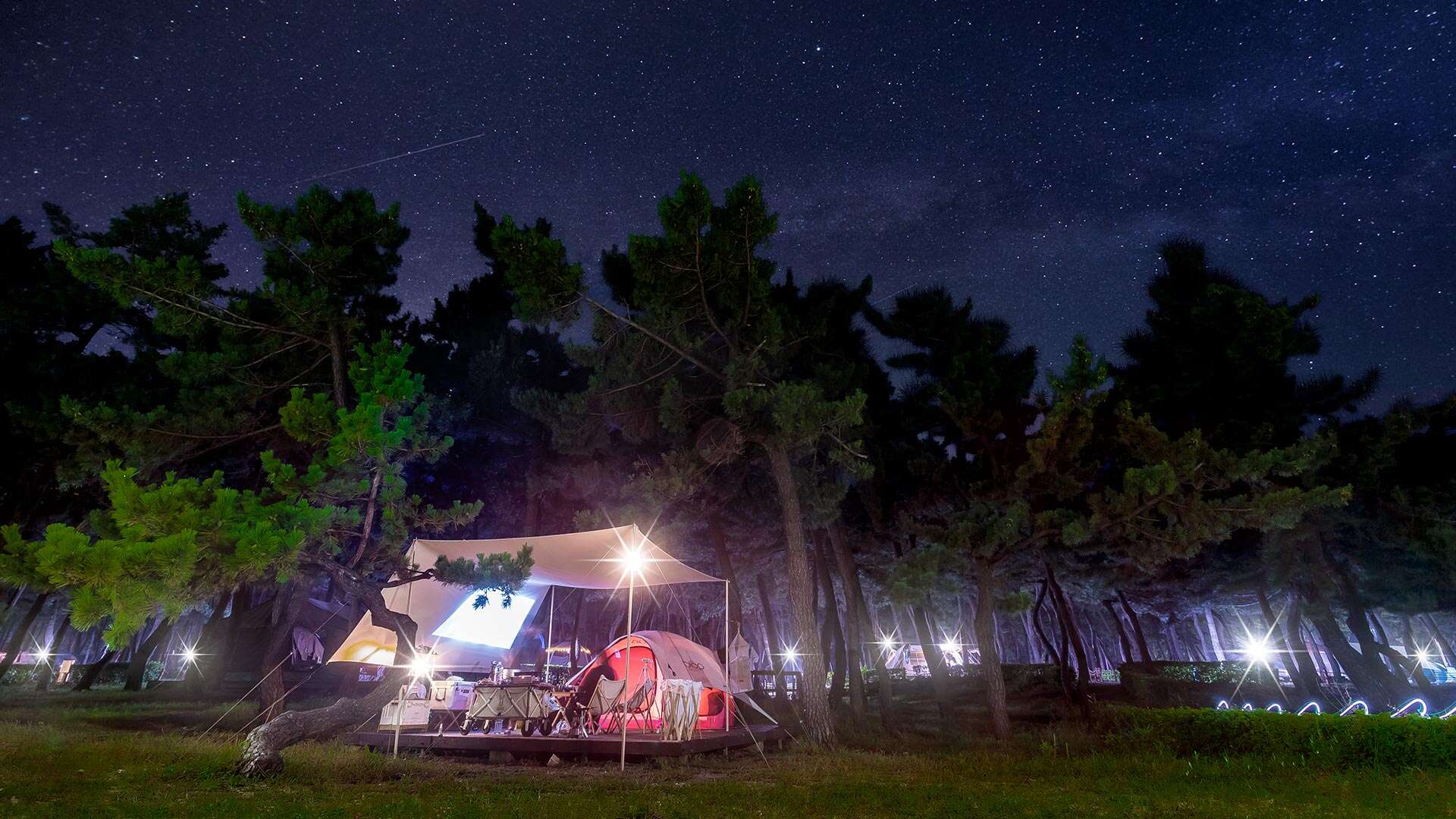 晚上在延谷海灘露營地享受露營的人們
